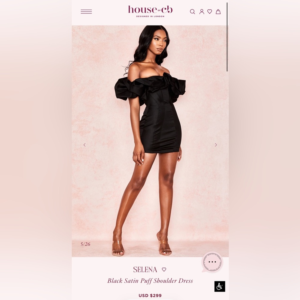 House of CB SELENA Black Satin Puff Shoulder Dress S